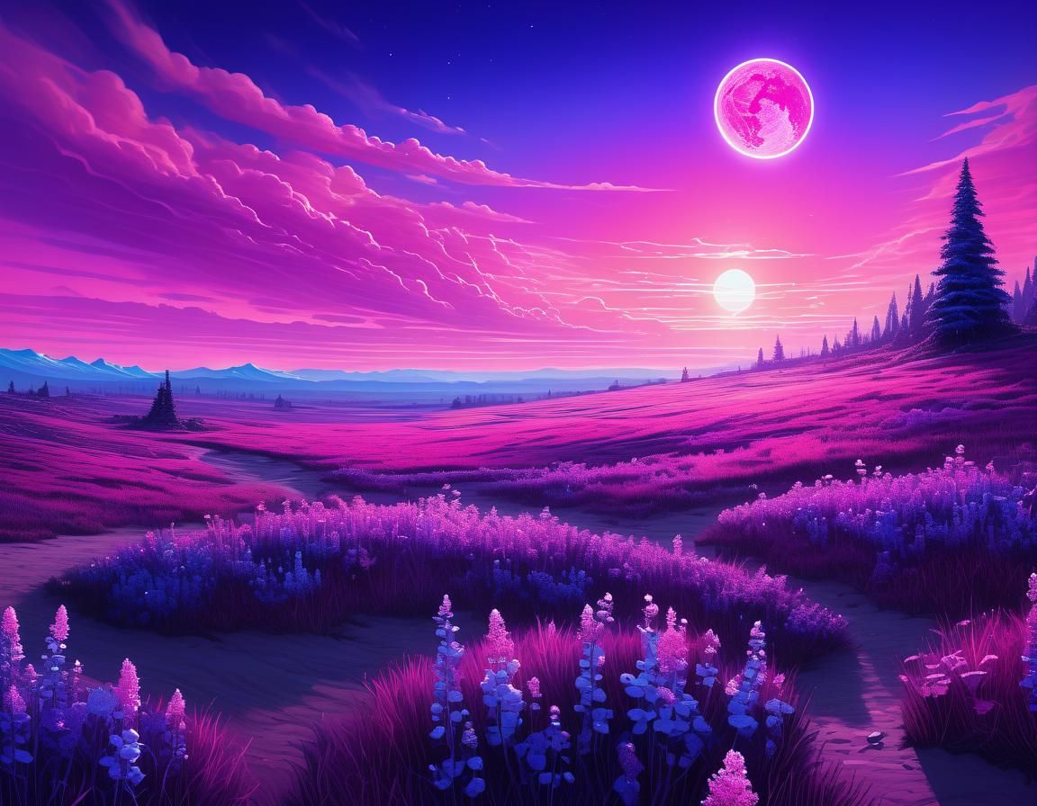Surreal Alien Landscape with Pink Sky and Aurora