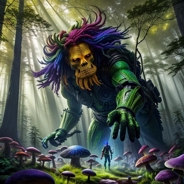 Gigantic Armored Woman Exploring a Surreal Forest