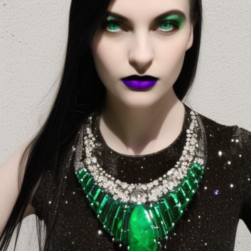 Ethereal Gothic young lady with jet black hair& Emerald green eyes that shimmer& shimmery black eyeshadow with pearlesce...