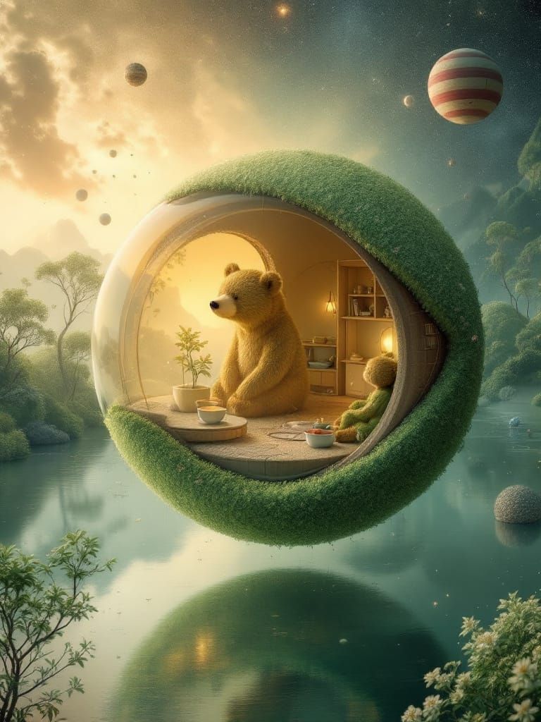 Surreal Architectural Sphere with Green Bear