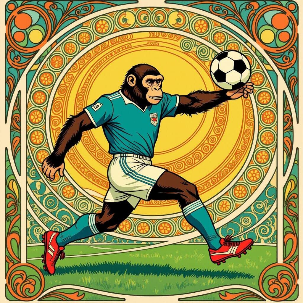 Ape Plays Soccer in Art Nouveau Style