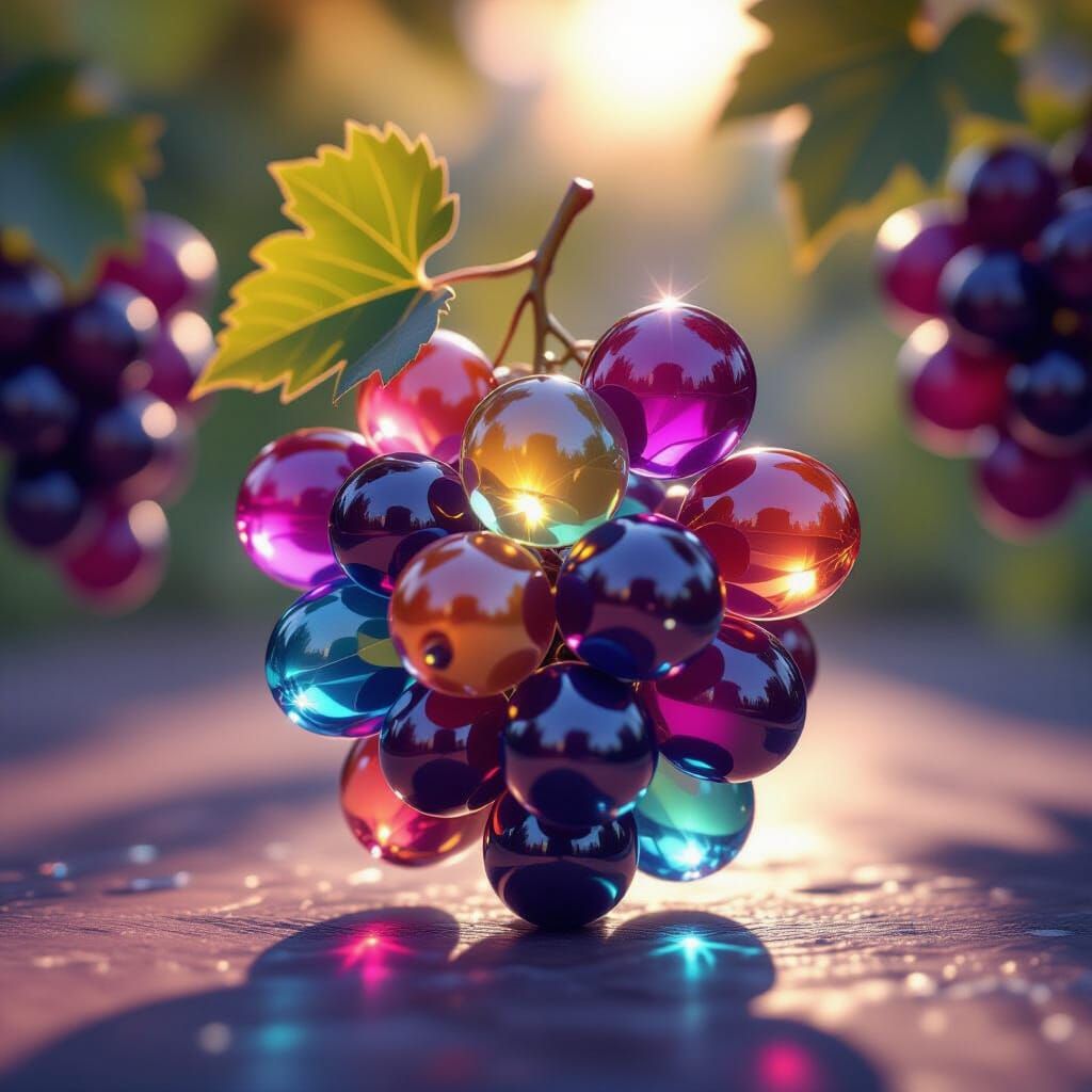 Hyperrealistic 3D Render of Glass Grapes in Dazzling Light