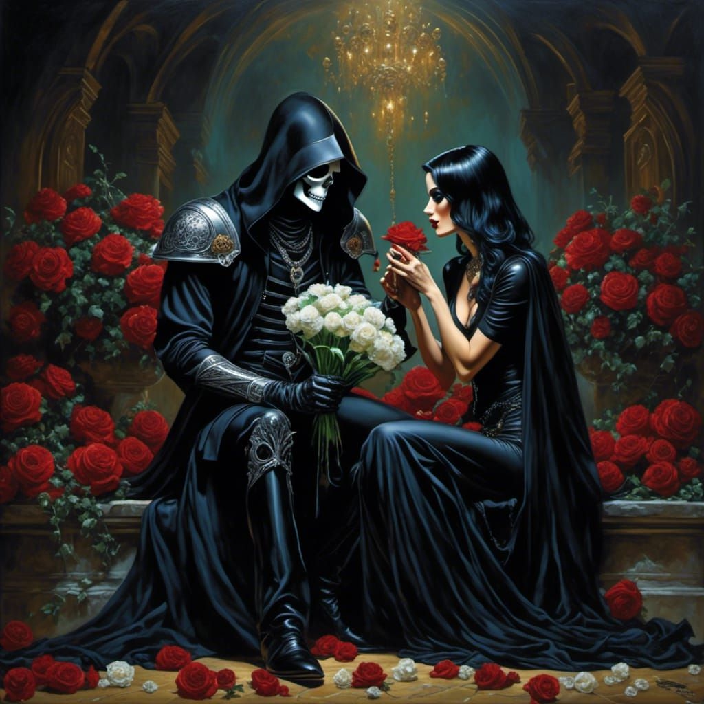 Grim Reaper Proposing to a Lady with Flowers