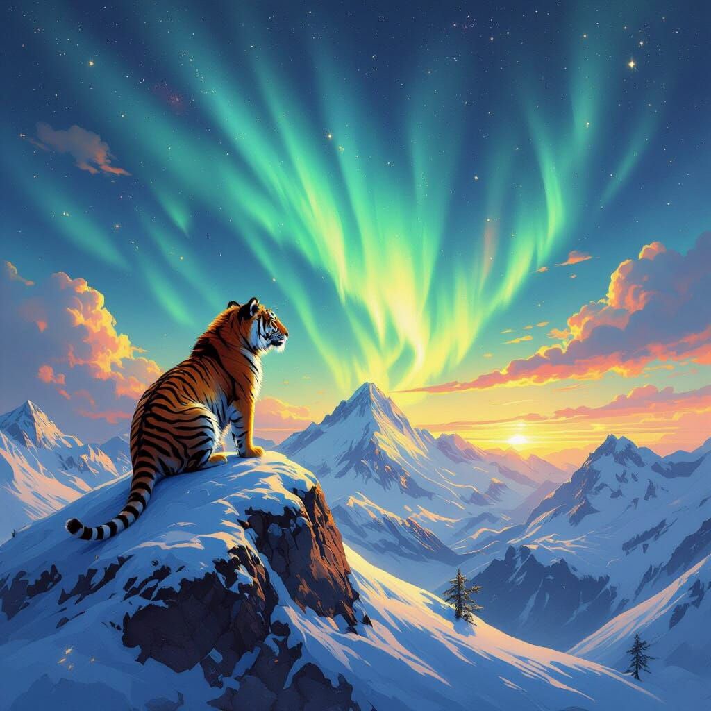 Tiger on Mountain Peak Under Aurora Sky