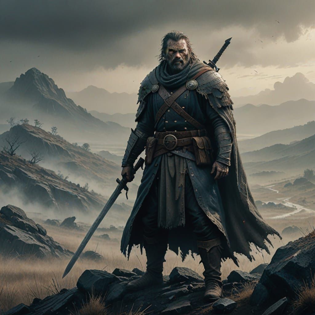 Battle-Worn Warrior After Combat in Foggy Landscape
