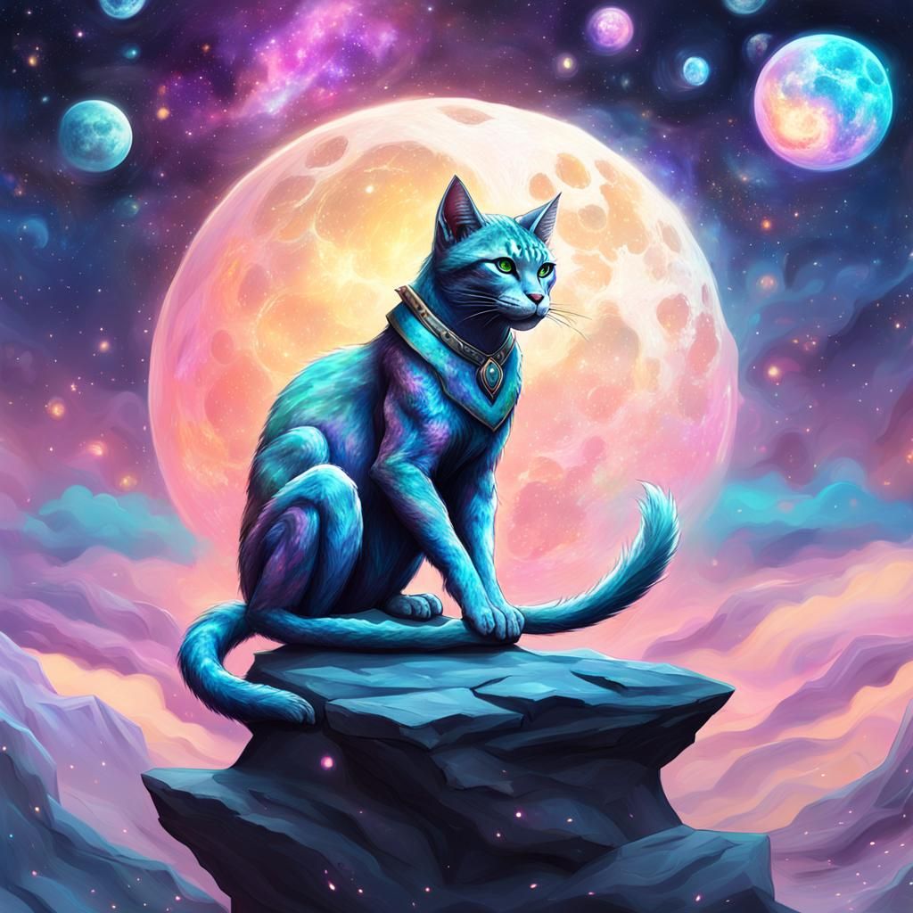 Magical Khajiit in Cosmic Pastel Cloudscape