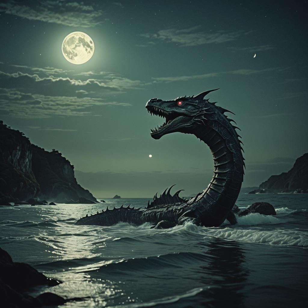 Mystical Sea Serpent in Moonlit Night