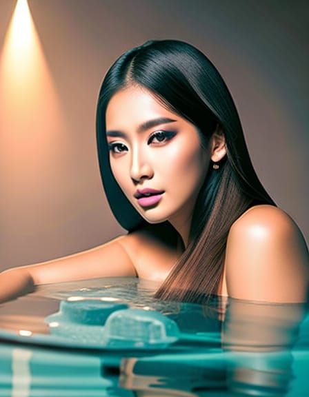 Anime Girl in Hot Tub: Dreamlike Sepia Photograph