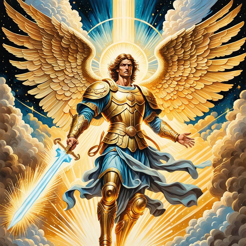 Archangel Michael in Golden Light: Gouache Watercolor Style