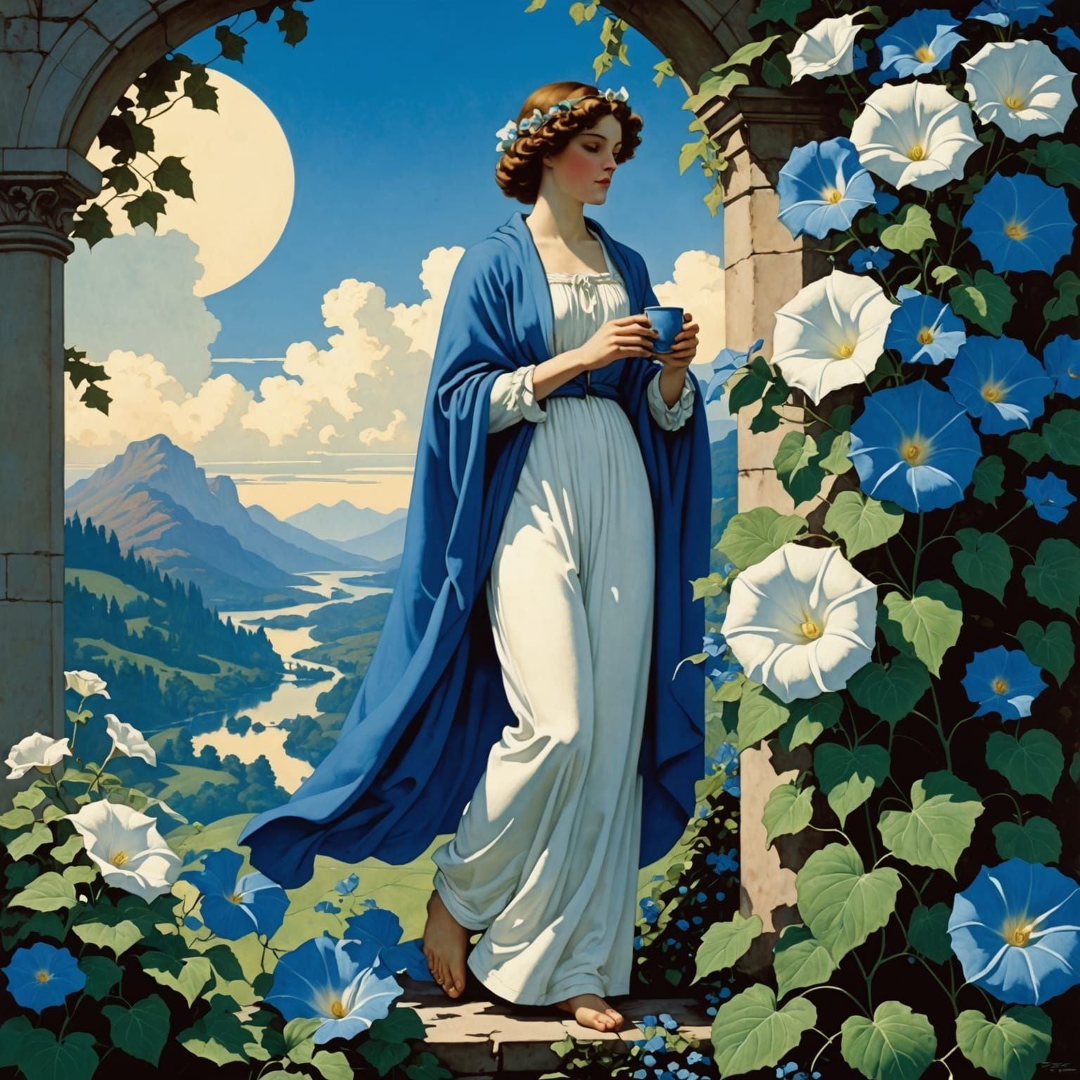 Blue and White Morning Glories in Anime Style