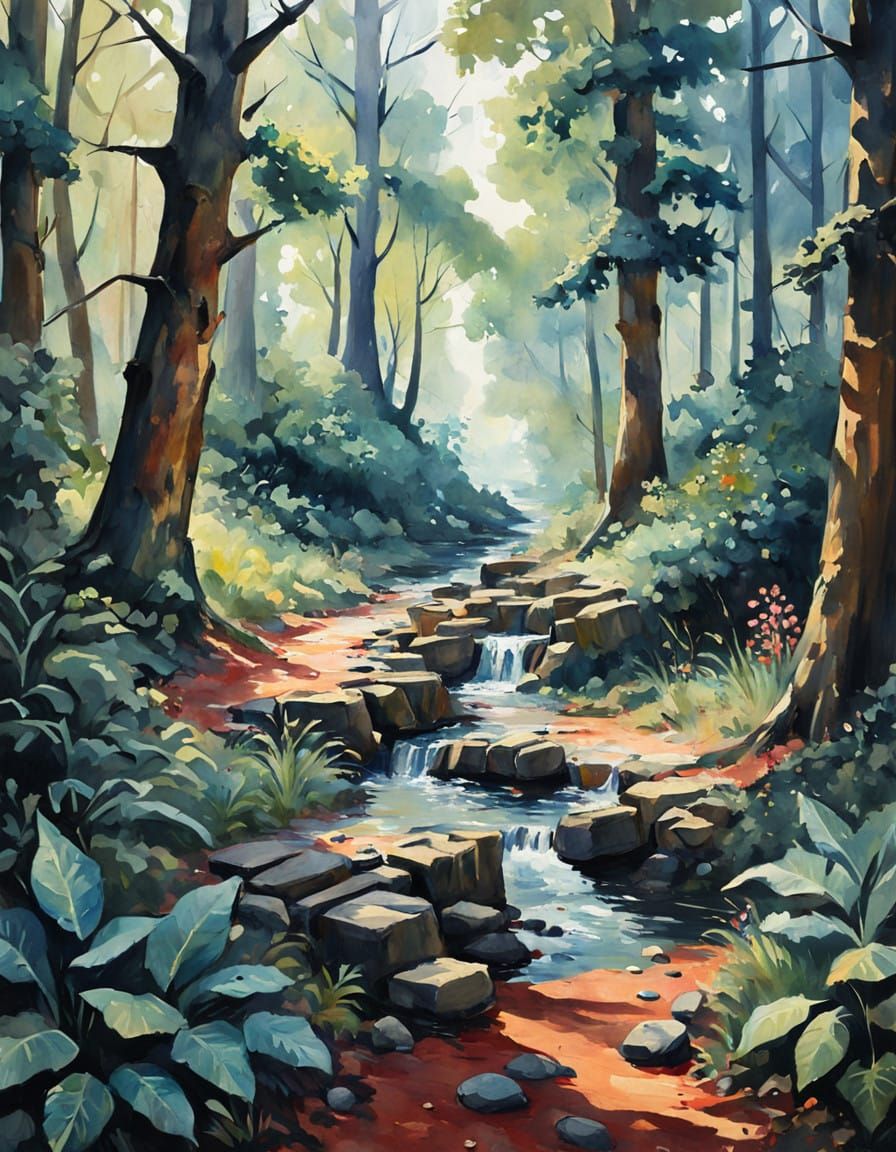 Vibrant Gouache Masterpiece of a Woodland Stream