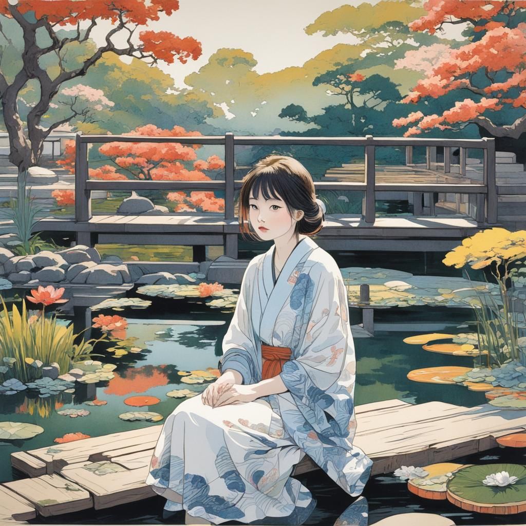 Girl Observes Koi Pond in Japanese Woodblock Style