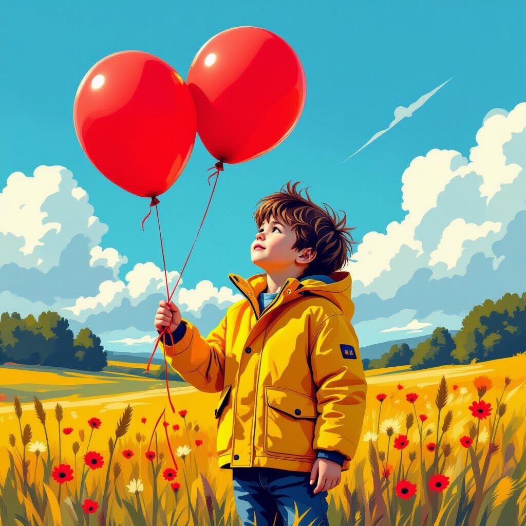 Boy with Red Balloon in Vibrant Digital Illustration