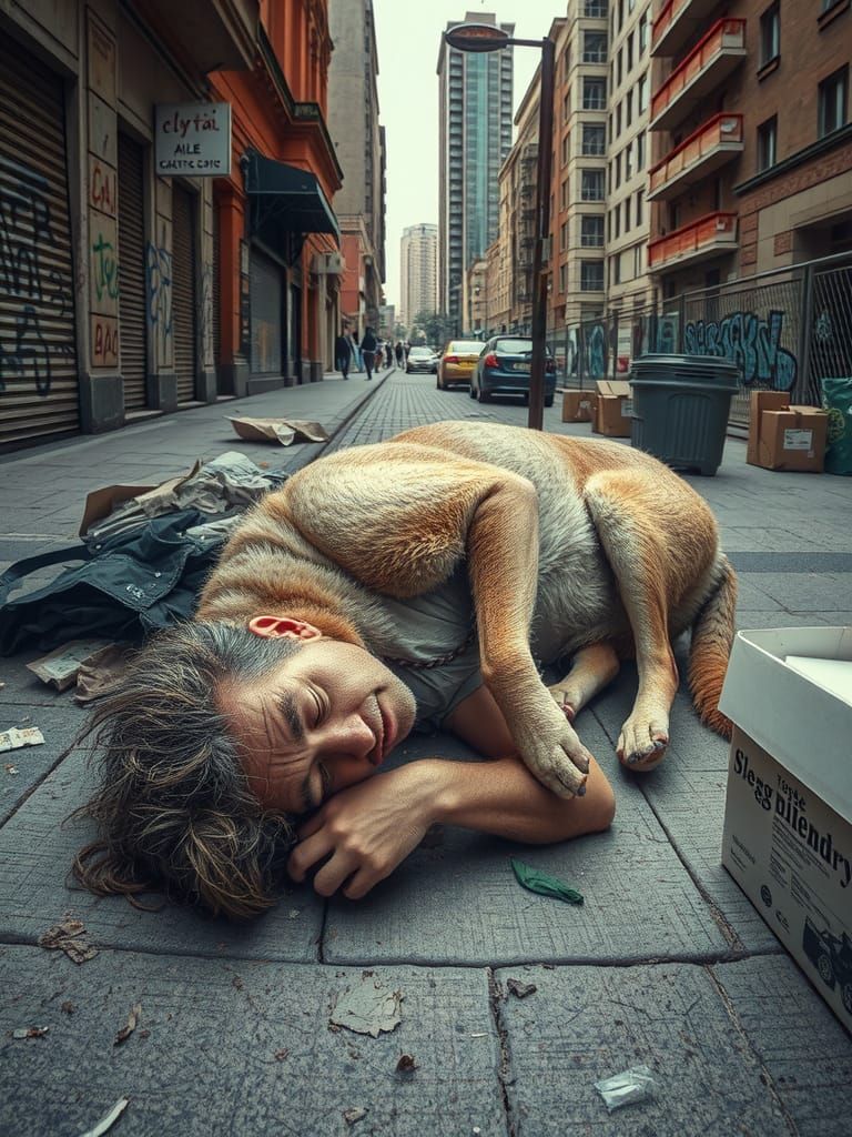 Homeless Man Sleeps on Dog in Photorealistic Style