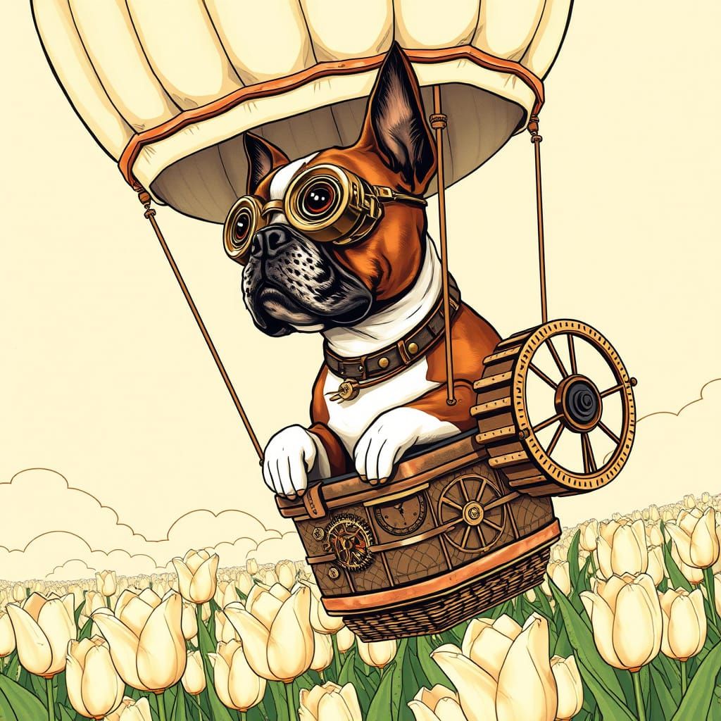Steampunk Boxer Pilots Vintage Hot Air Balloon over Tulips