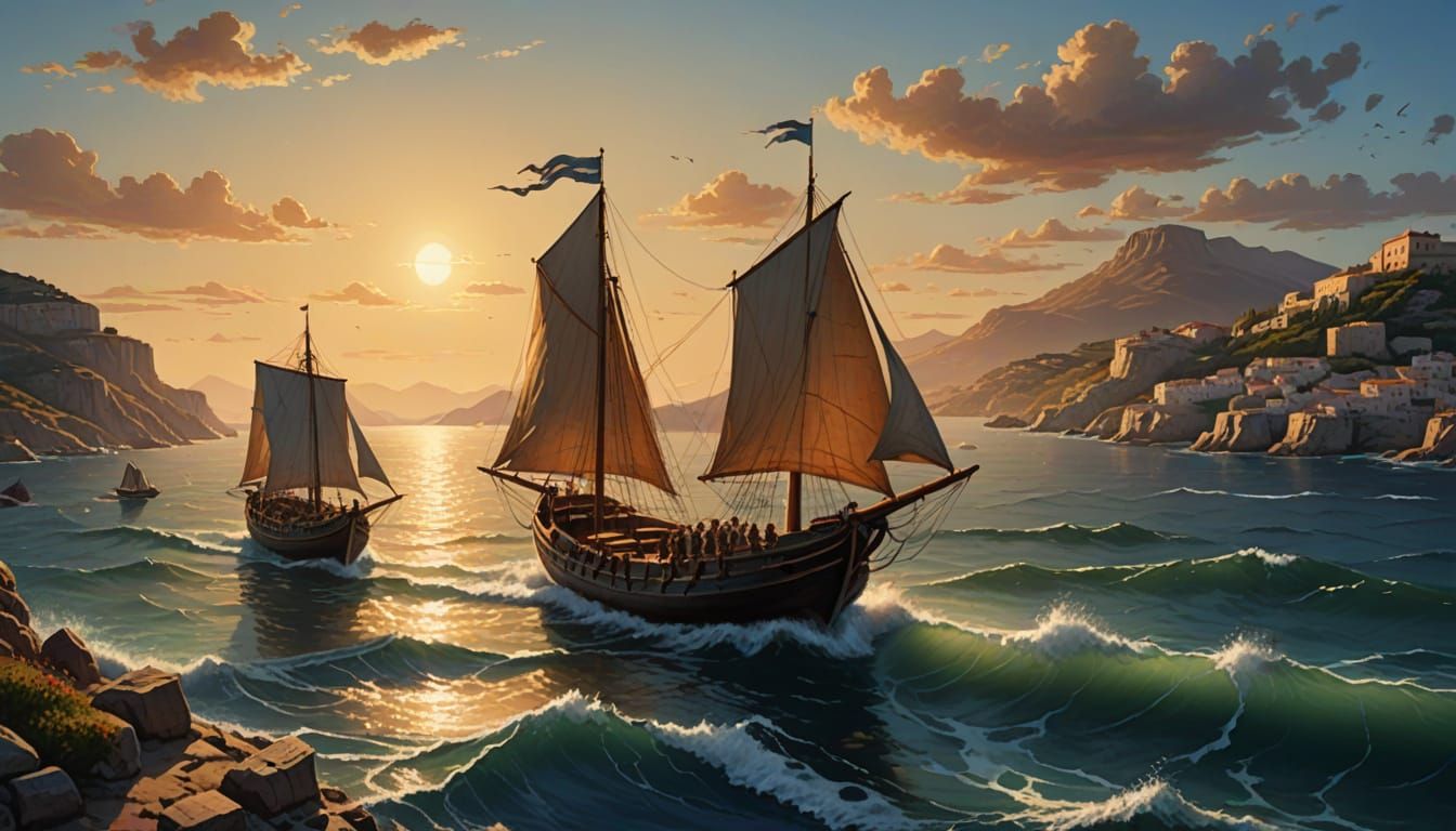 Bronze Age Greek Triremes at Dawn