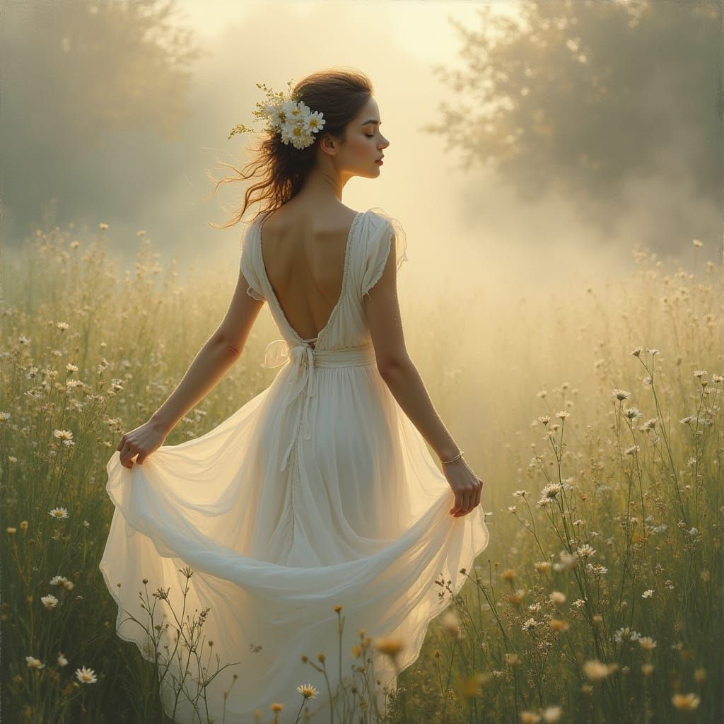 Ethereal Lady in Serene Natural Setting, Impressionistic Oil...