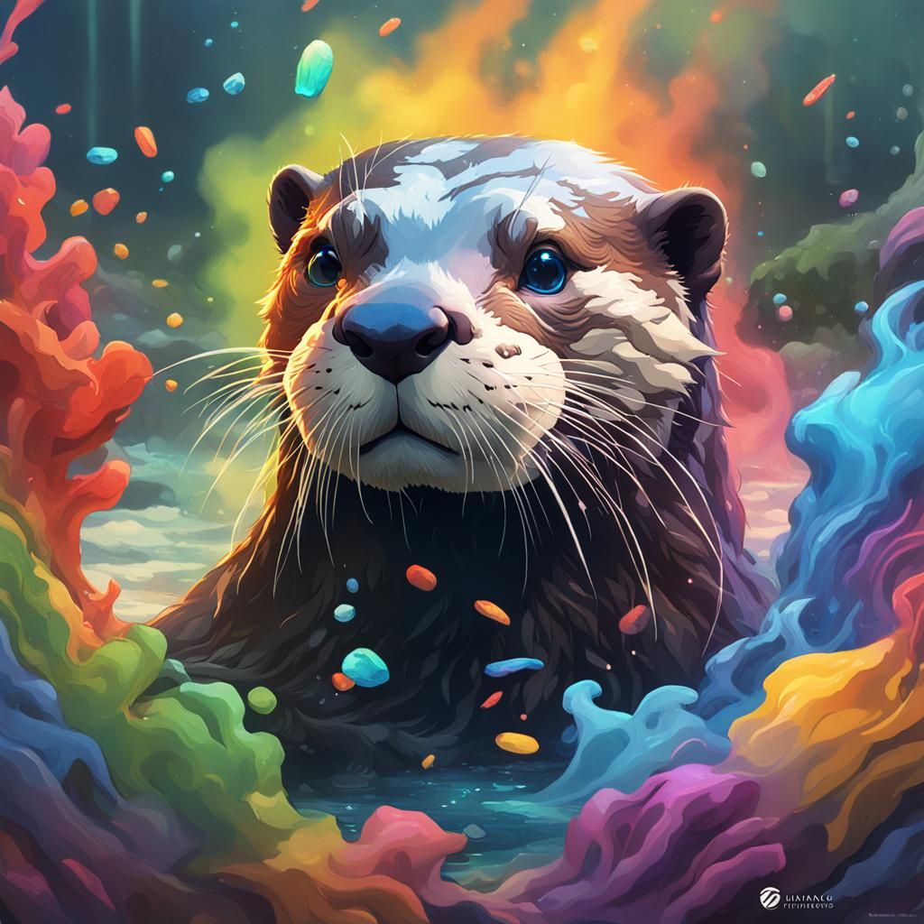 Otter in Rainbow Smoke Creek: Detailed Splash Art