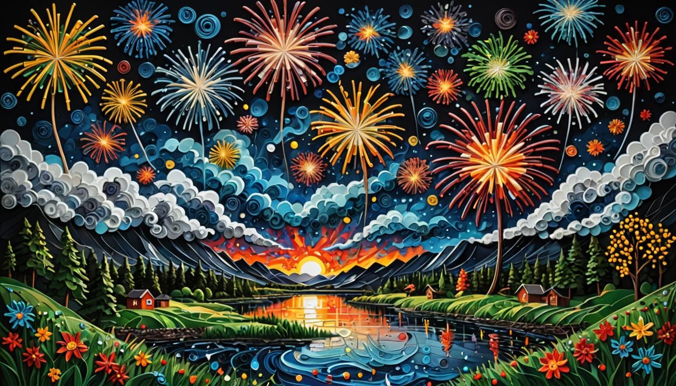 Fireworks Landscape in Reverse Glass Painting Style