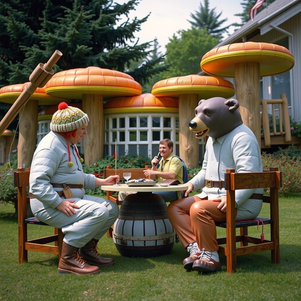 Giant Hiker Figure Meets Grizzly Bear in Alaskan Landscape