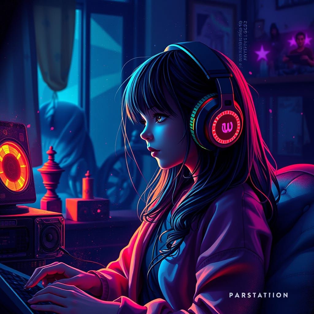 A Young Girl Immersed in a Fantastical World of Music