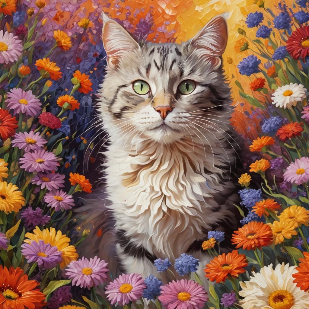 Whimsical Fauvist Cat in Floral Wonderland