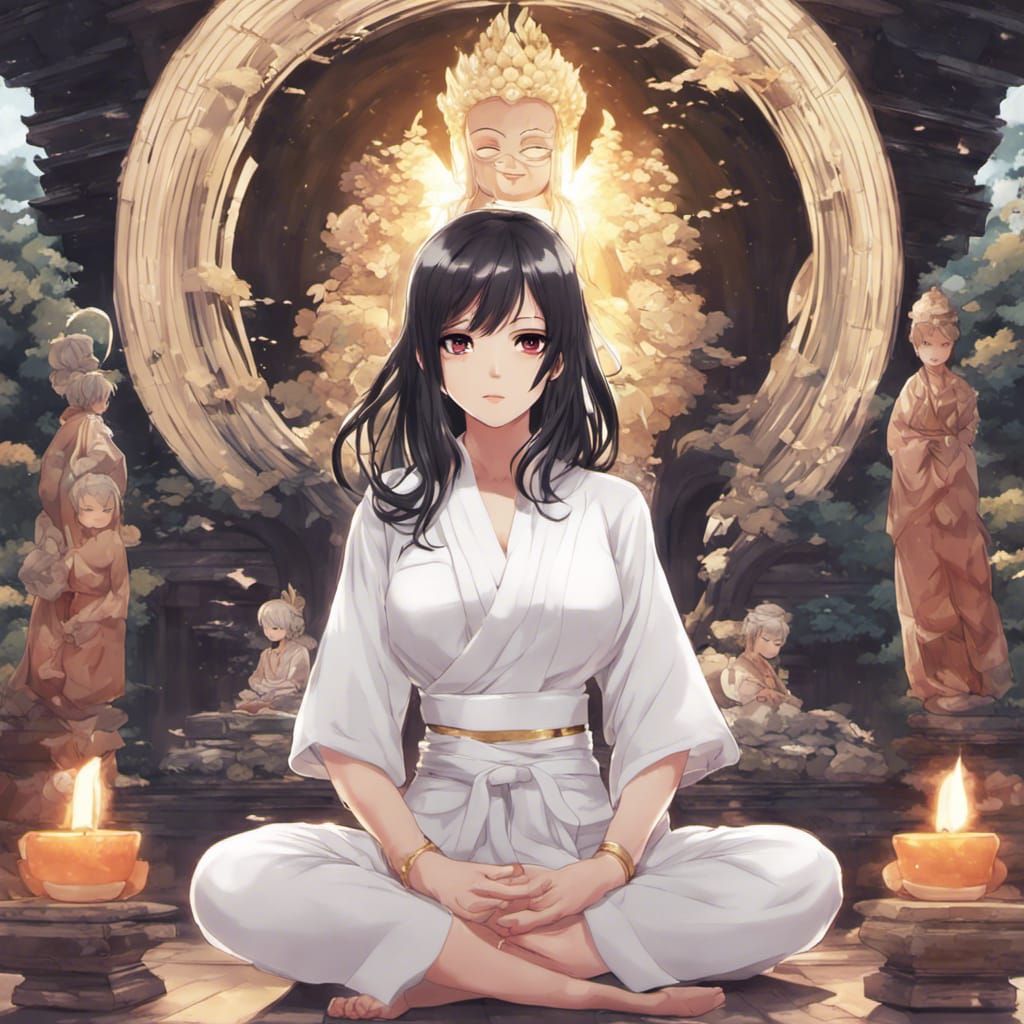 Girl Meditating Before Buddha in Anime Style