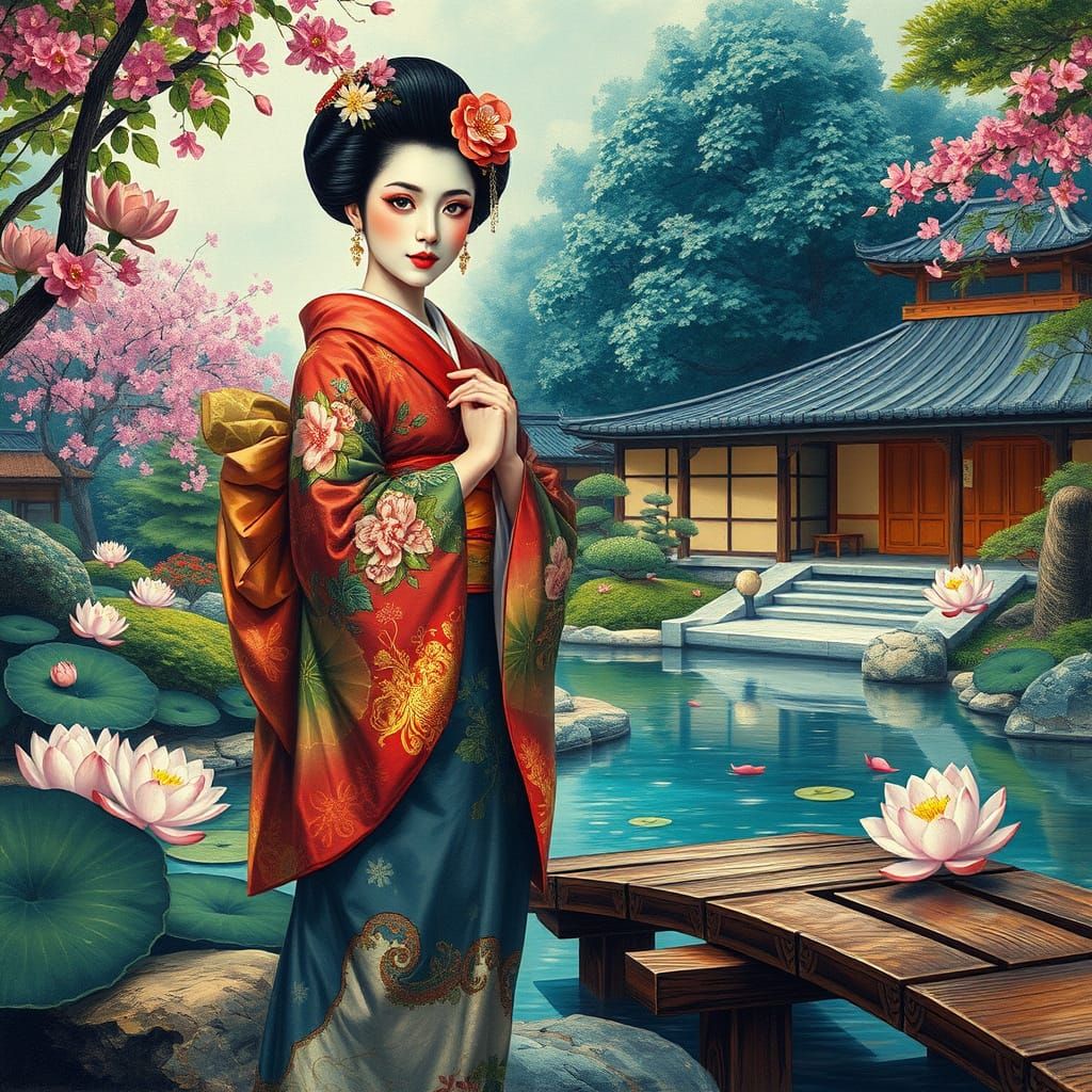 Elegant Japanese Woman in Traditional Kimono, Exuding Mystiq...