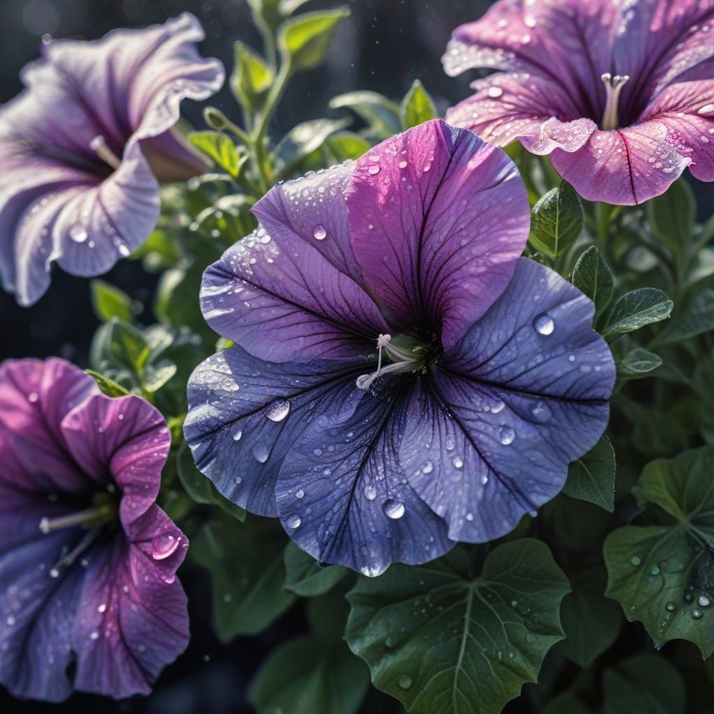 Petunia Flowers with Dewdrops in Charcoal Drawing