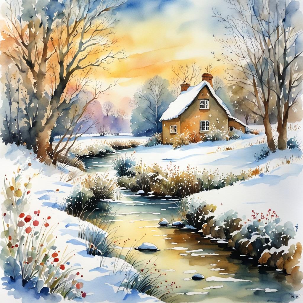 Winter Countryside Scene in Watercolor