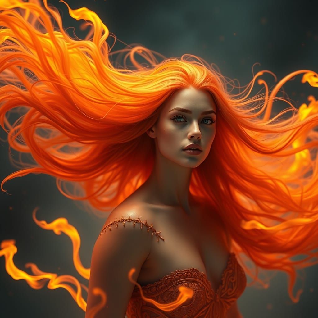 Vibrant Fire Goddess with Radiant Orange Locks