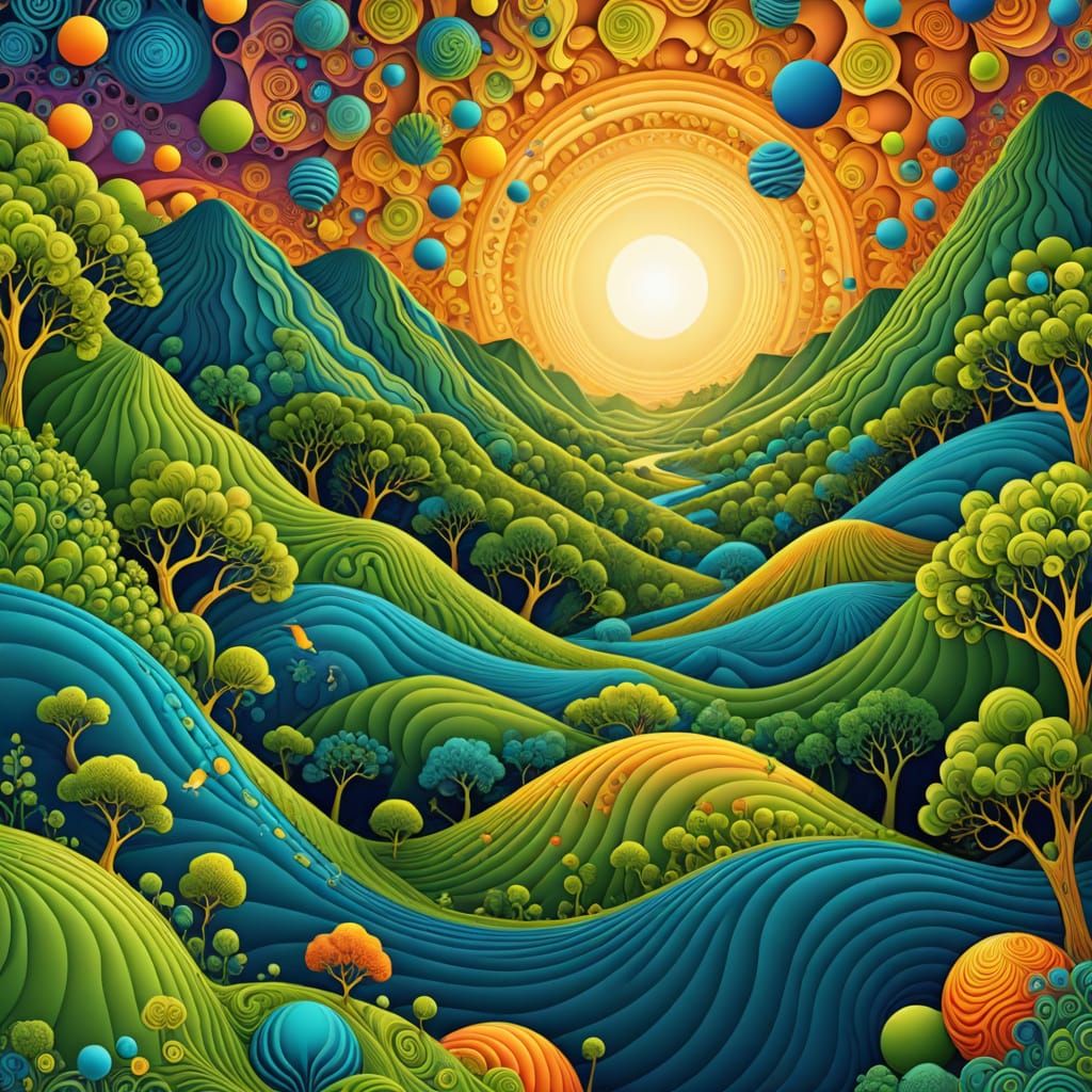 Abstract Psychedelic Sunrise Over Hilly Forest