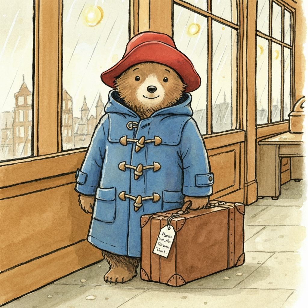 Paddington Bear at Station in Vintage Children's Book Style