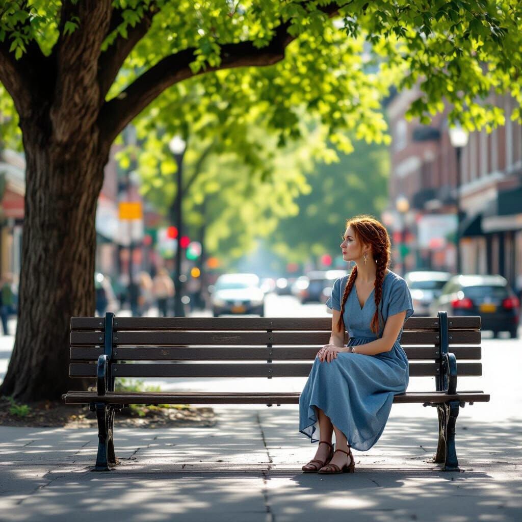 Woman Contemplating in Busy City Street