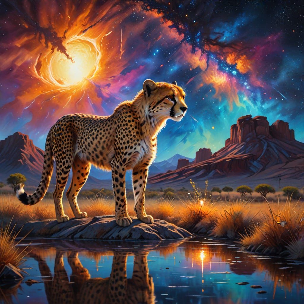 Cheetah's Reflection Under Starry Cosmic Sky
