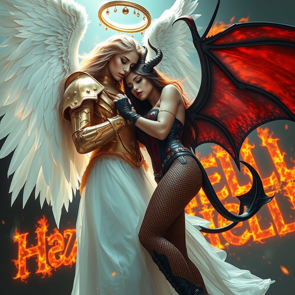 Glowing Angel Confronts Fiery Demon in a Clash of Divine and...