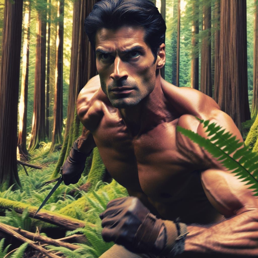 Action Hero in Forest Survival Scene