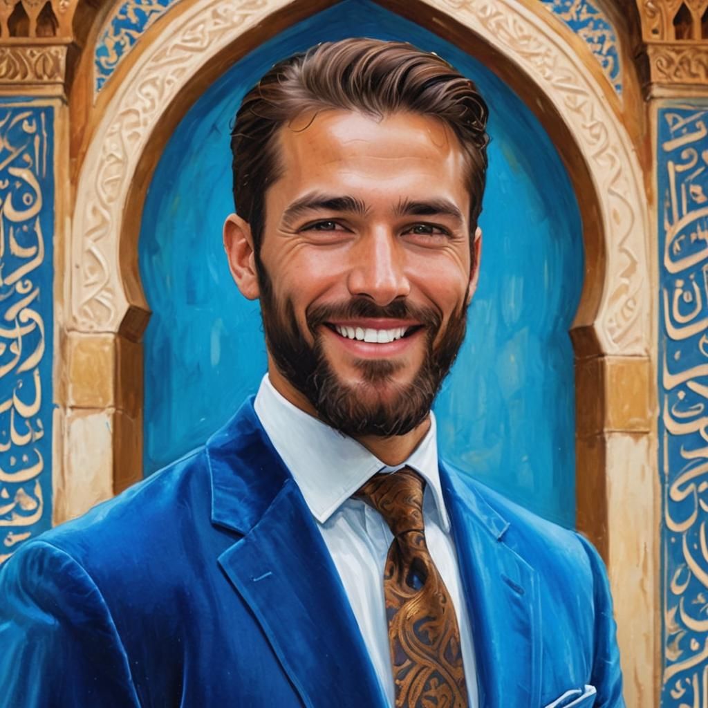 Handsome Man in Blue Velvet Suit at Mosque, Impressionist St...