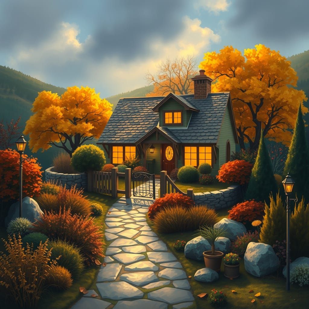 Cozy Cottage in Autumnal Light, Romanticism Style
