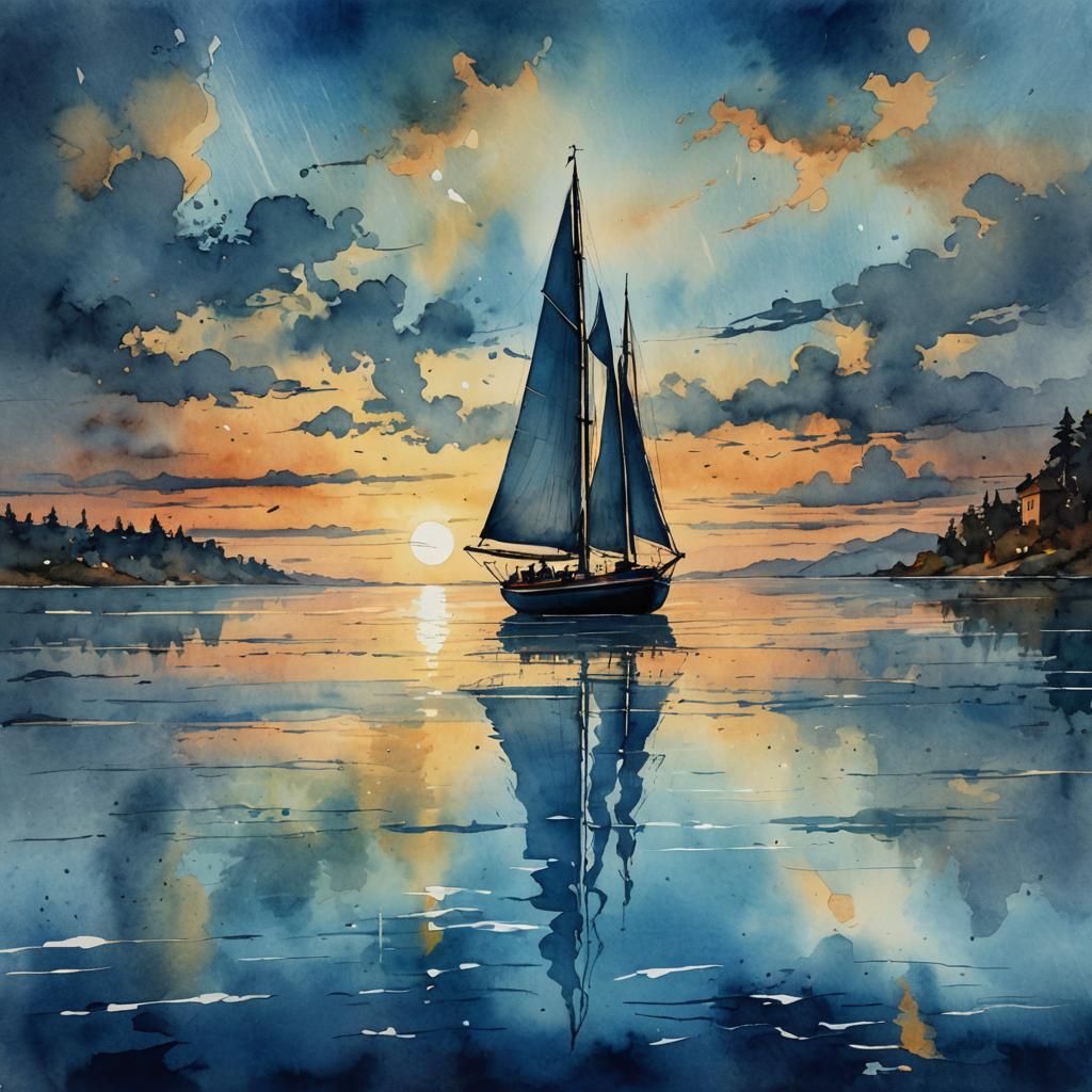 Blue Sailboat at Sunset: Vintage Watercolor Painting