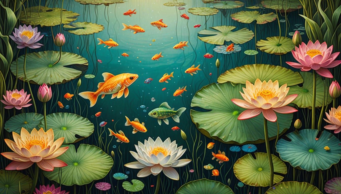 Whimsical Lotus Pond Scene in Vibrant Patchwork Colors