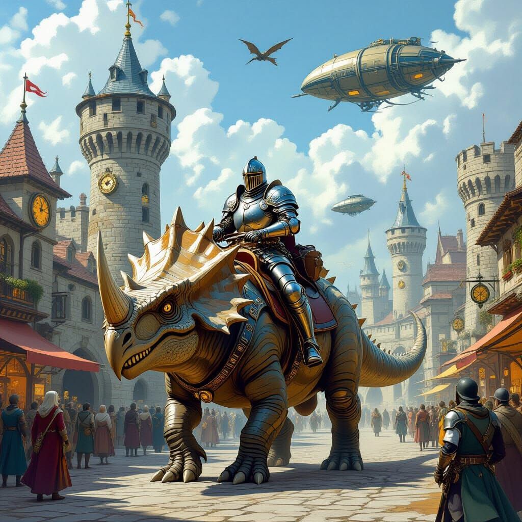 Knight Rides Triceratops in Steampunk Medieval City