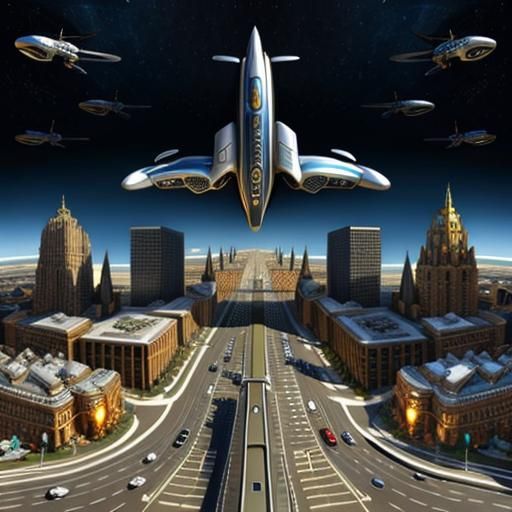 Maximalist Urbanscape with Flying Cars and Spaceships