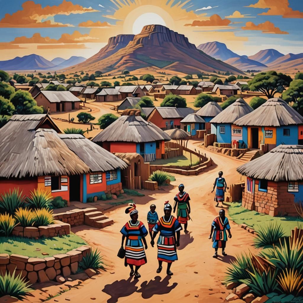 Colorful Ndebele Village Scene as Impressionist Folk-Art