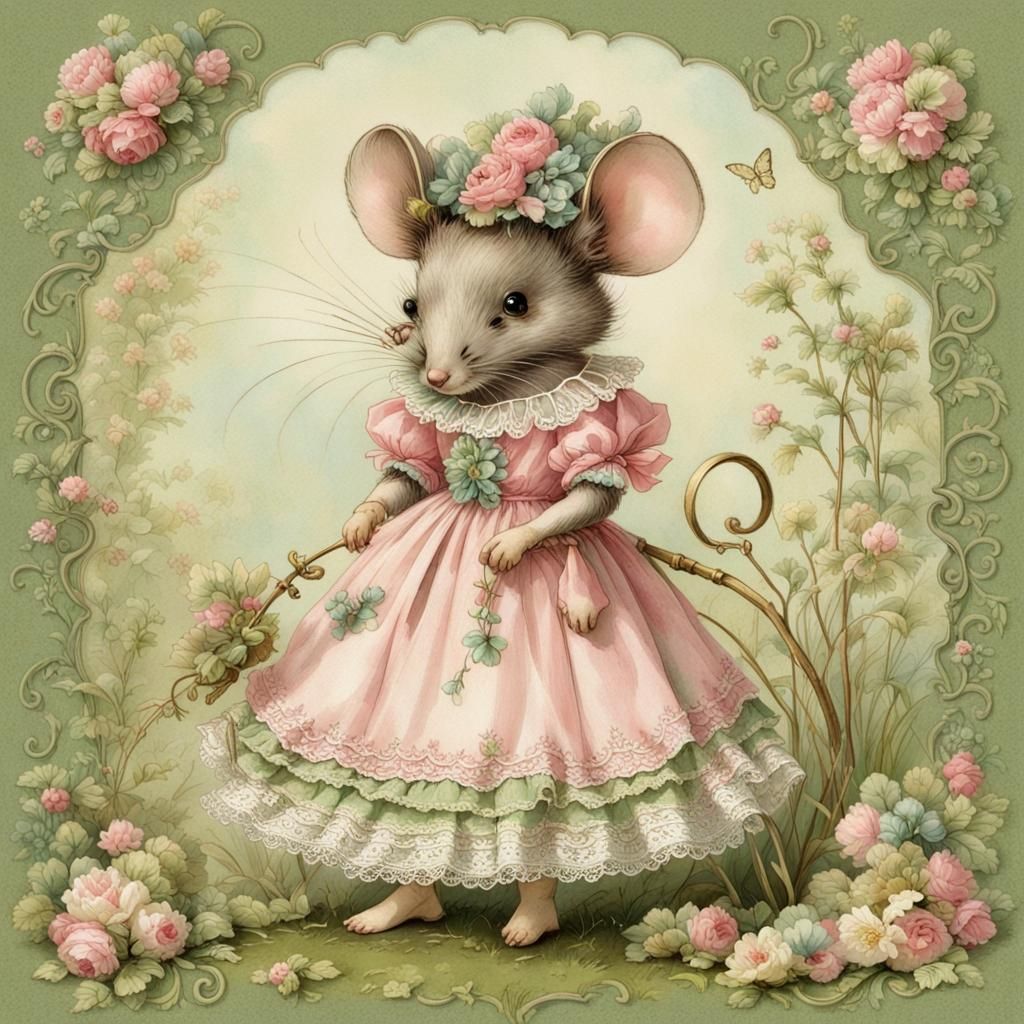 Mouse in Victorian Dress, Watercolor Illustration