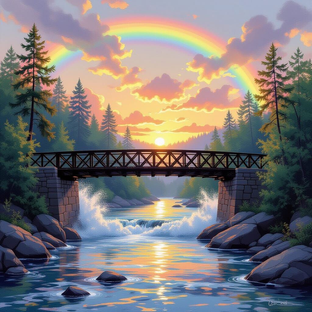 Sunset on River Trestle Bridge in Watercolor Style