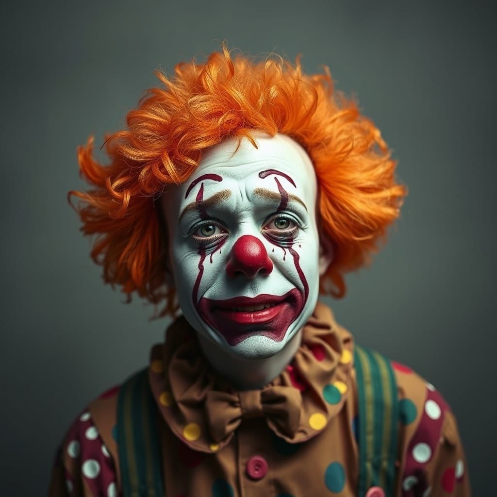 Surreal Clown Portrait in a Muted, Monochromatic Aesthetic
