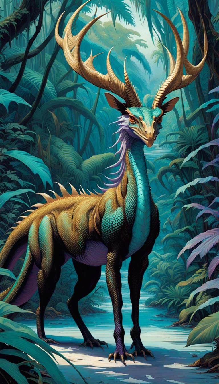 Wyrm-Dragon-Ostrich Creature in Jungle, Hyperdetailed Art