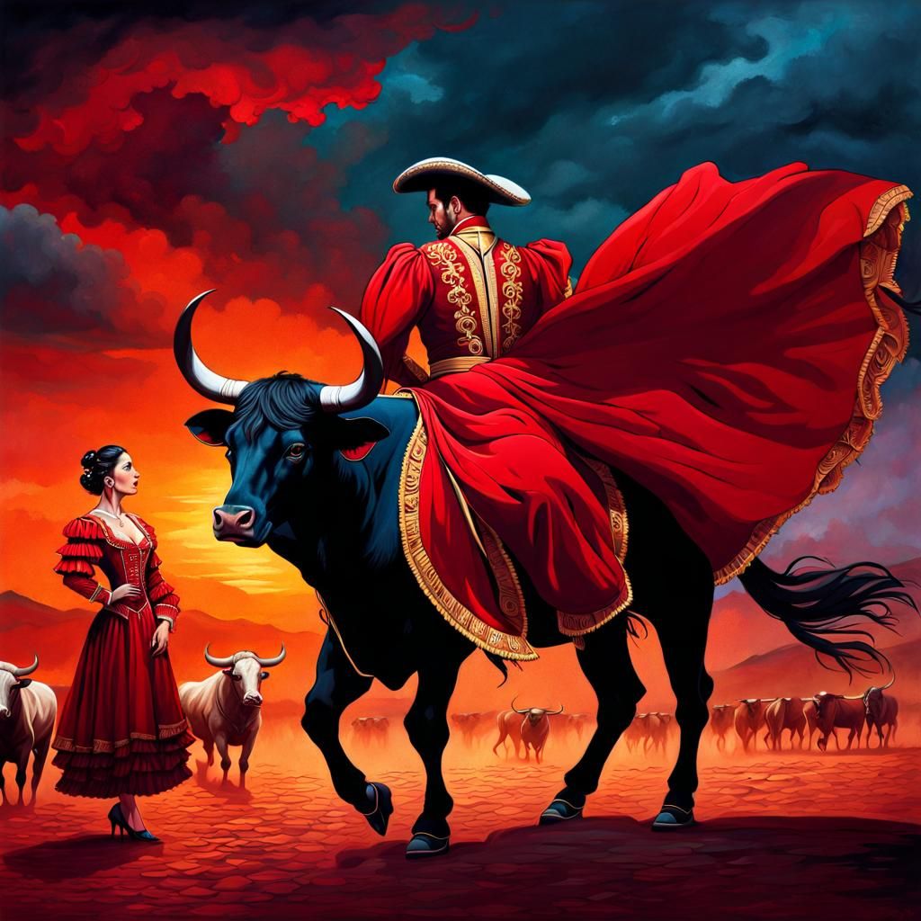 Spanish Bullfight: Vivid Oil Painting in Gouache Style