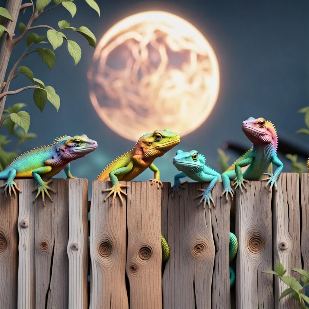 Colorful Lizards on Weathered Wooden Fence